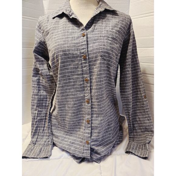 DULUTH TRADING M Organic Cotton Hemp Gray Striped Tunic Shirt Pockets Quite Lux - Picture 1 of 9